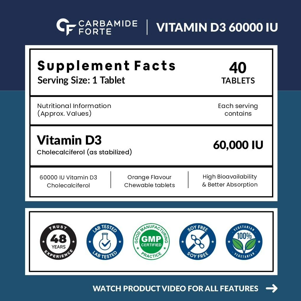 Carbamide Forte Ayurvedic Vitamin D3 60000 IU tablets showing the supplement packaging and tablets inside a bottle.