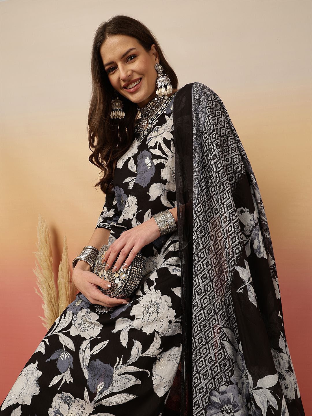 Indyancart SN Women's Floral Printed Adda Work Cotton Kurta With Trouser & Dupatta
