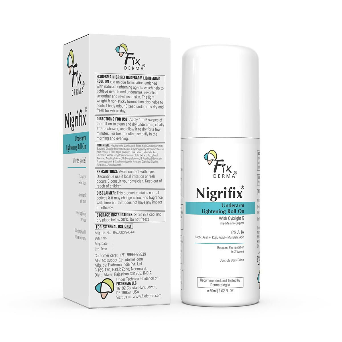 Fixderma Nigrifix underarm lightening roll-on cream with 6% AHA, lactic acid, and mandelic acid for skin brightening and exfoliation.