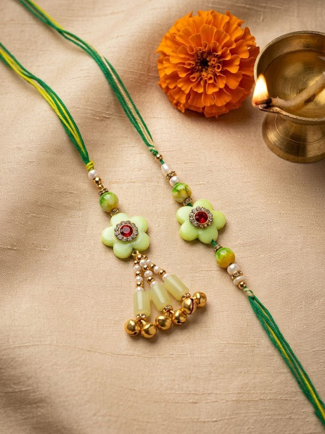 Indyancart Set Of 2 Flower Shape Artificial Stones & Beads Bhaiya Bhabhi Rakhi With Roli Chawal