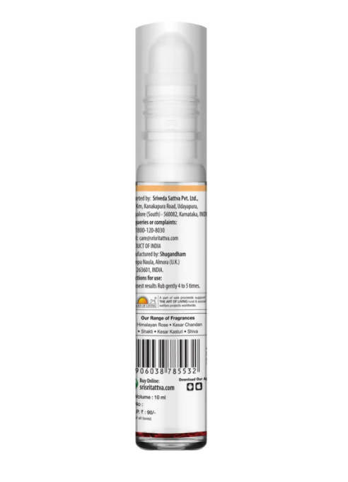 Sri Sri Tattva Kesar Chandan roll-on perfume for skin care, featuring a smooth applicator and floral scent in a compact bottle.