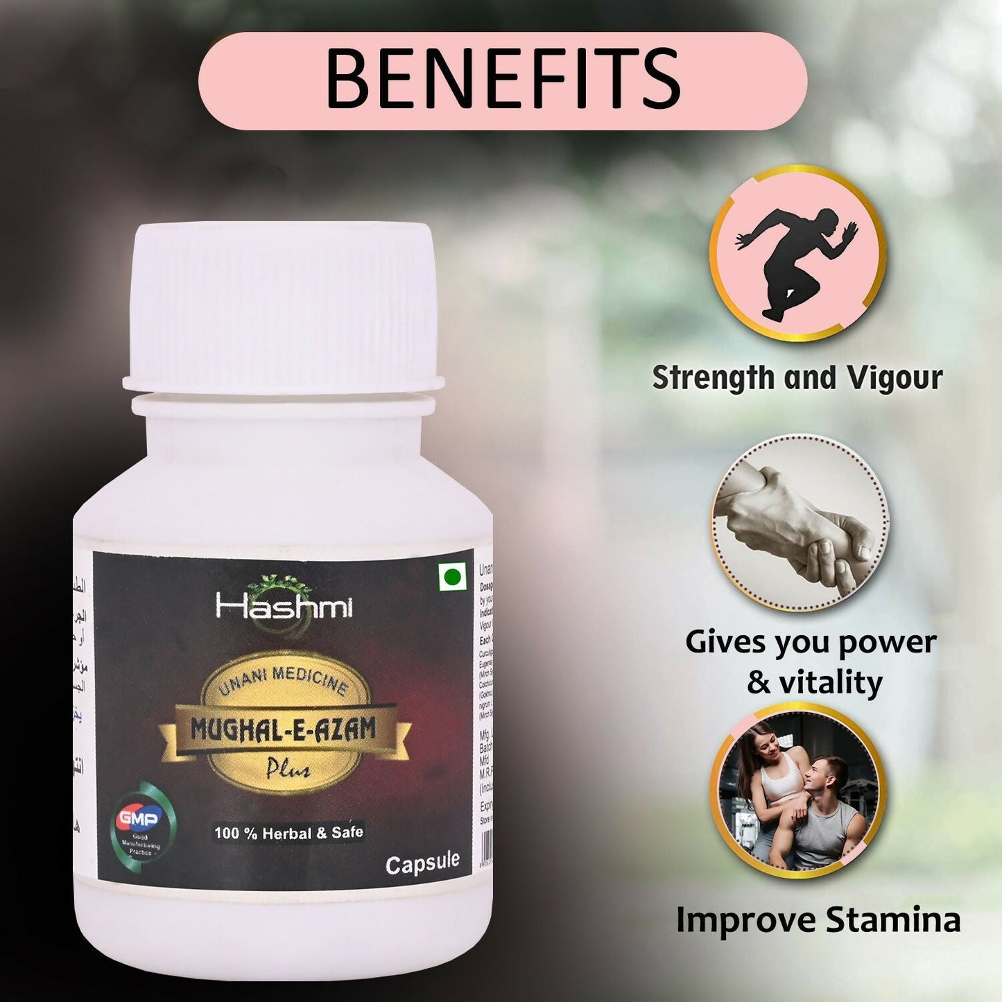Hashmi Mughal E Azam Ayurvedic capsules in a blister pack, showcasing herbal supplement capsules for health and wellness.