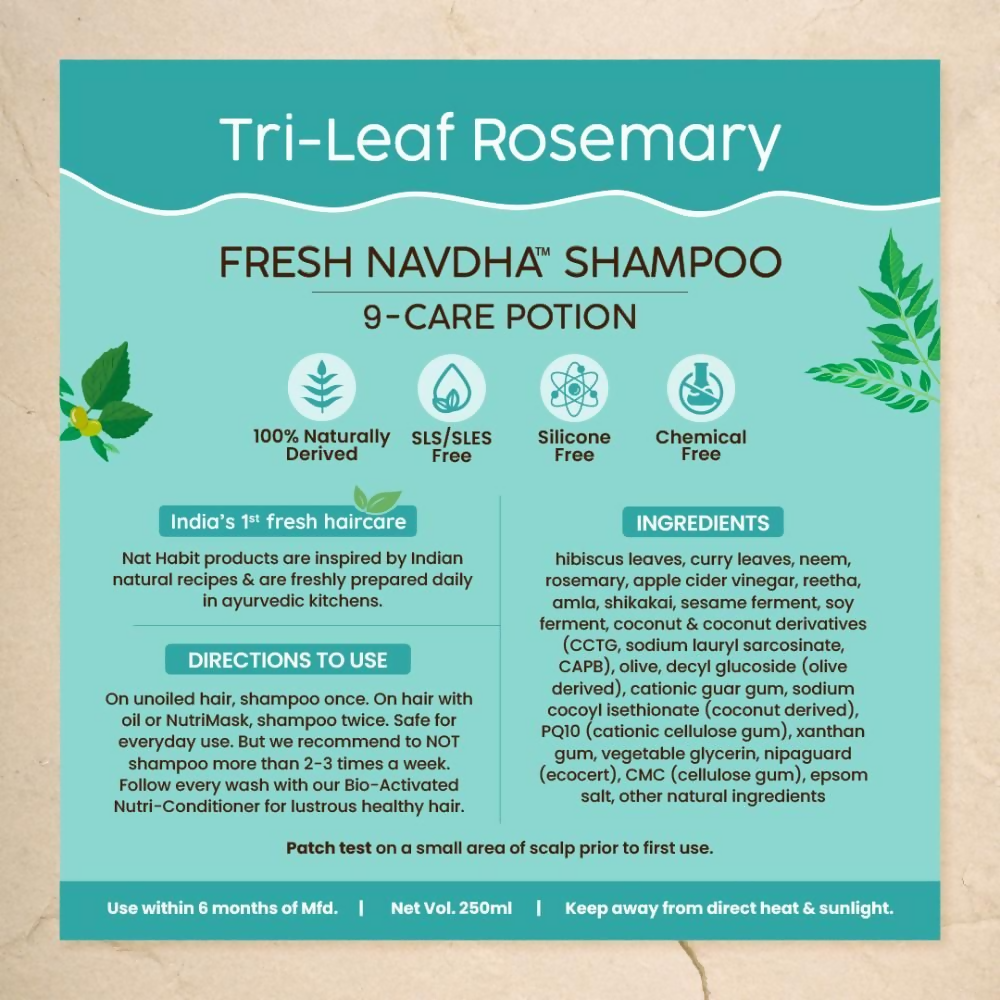 Nat Habit Tri-Leaf Rosemary Navdha Shampoo bottle with natural ingredients and herbal label, ideal for hair care.