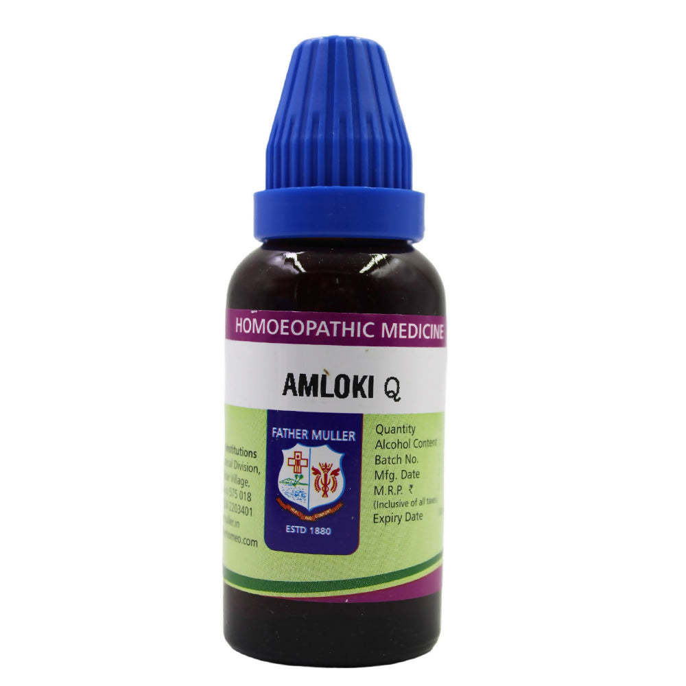 Father Muller Amloki Mother Tincture bottle with label featuring herbal ingredients and dropper cap for natural health remedy.