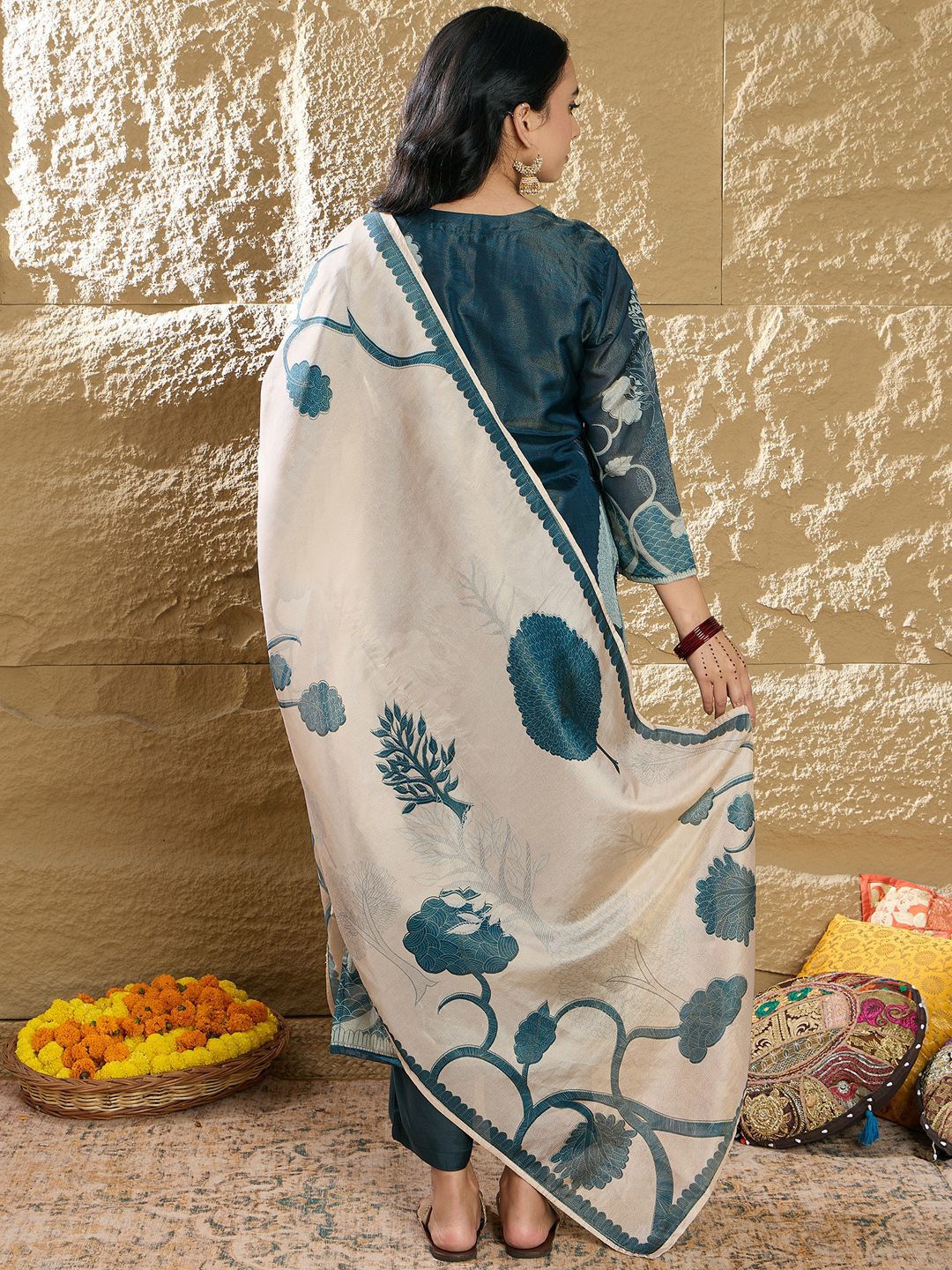 Indyancart IE Women Floral Printed Regular Beads and Stones Kurta with Trousers & With Dupatta