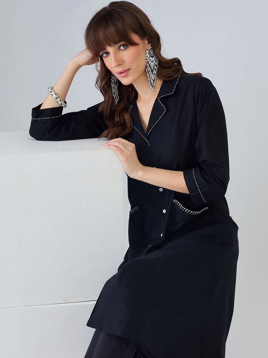 Women Regular Thread Work Pure Cotton Kurta with Trousers