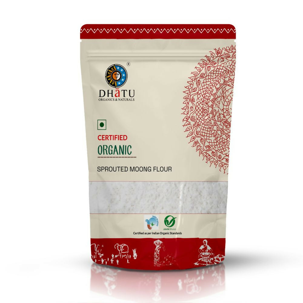 Organic sprouted moong flour from Dhatu Organics & Naturals in a clear bag, showing the light green powder inside.