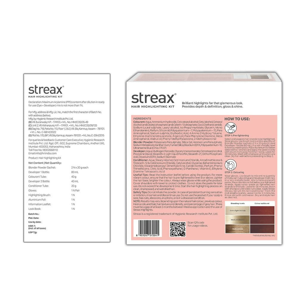 Streax Professional Hair Color Highlighting Kit in Latte Brown with highlighting tools and color cream for hair styling.
