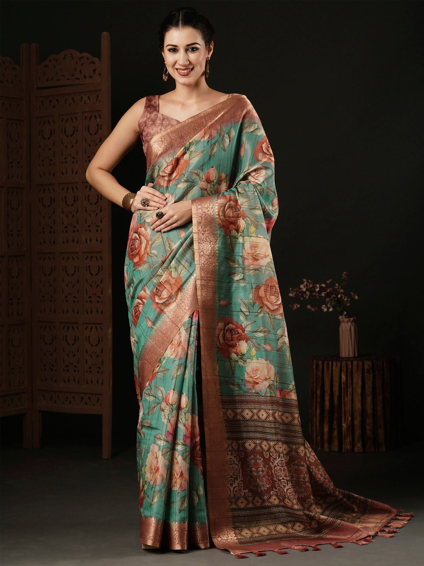 Women's Banarasi Silk Teal blue Printed Designer Saree With Blouse Piece