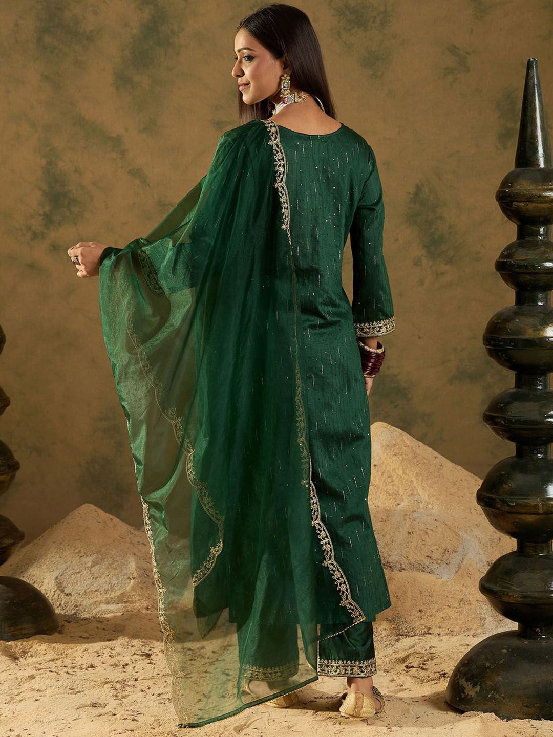 Indyancart IE Ethnic Embroidered Zari Work Regular Sleeves Round Neck Liva Kurta Set