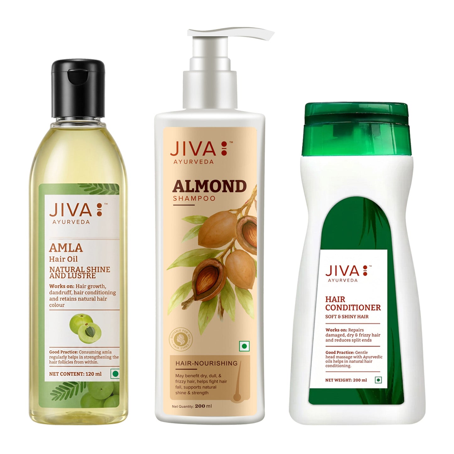 Jiva Ayurveda Complete Hair Nourishment Kit - Almond Shampoo - Conditioner - Amla Hair Oil - Herbal Haircare Kit - 200ml / 120ml