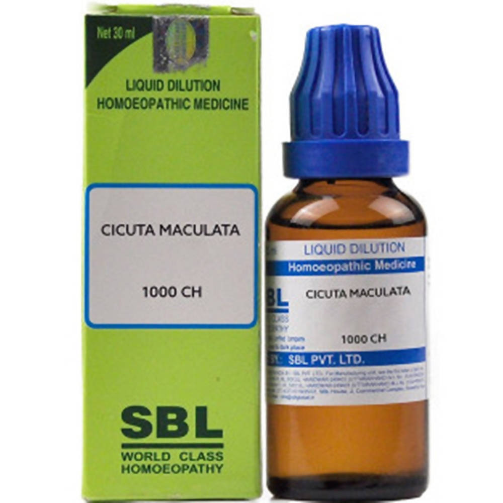 SBL Homeopathy Cicuta Maculata Dilution bottle for wellness, with label and dropper cap visible.