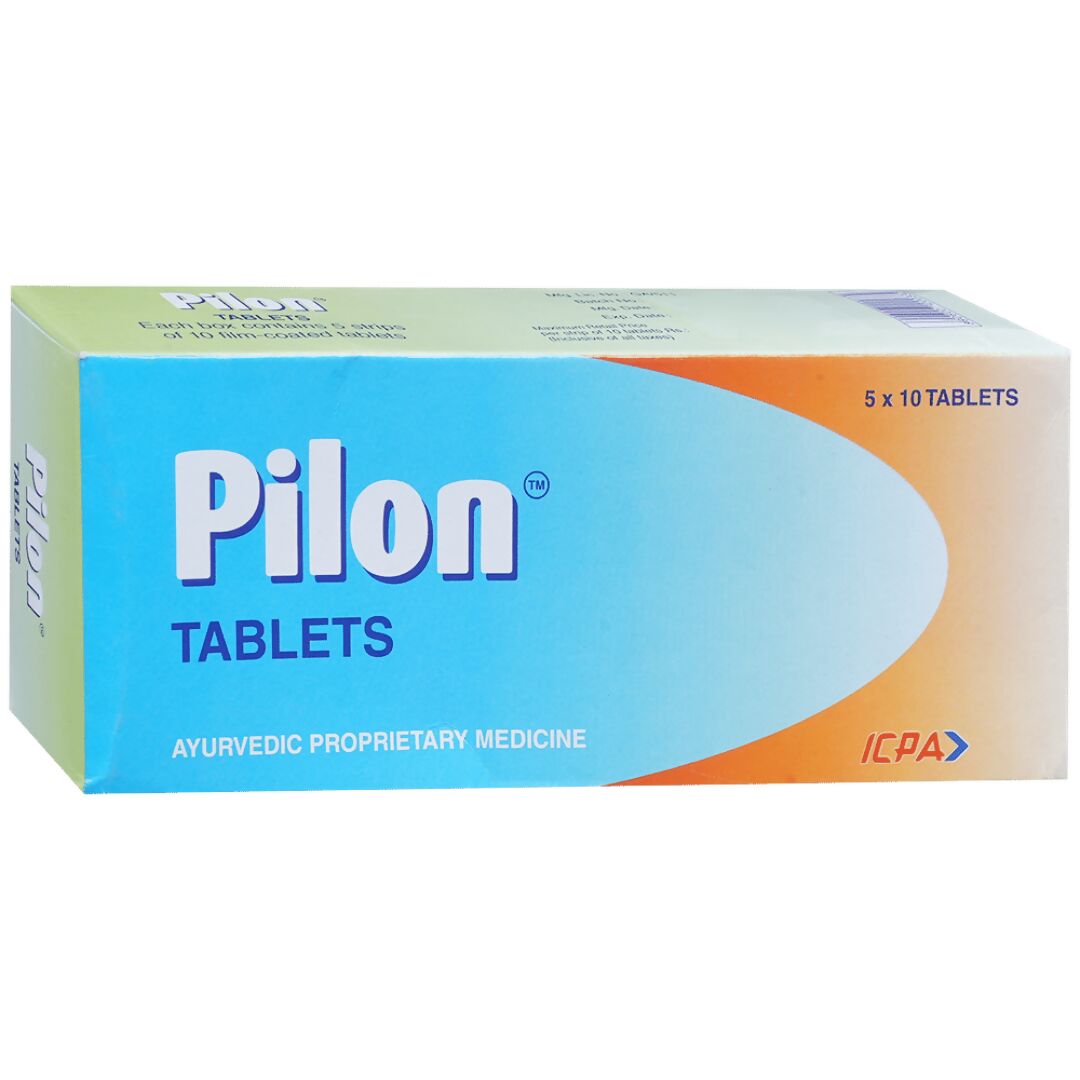 ICPA Pilon Ayurvedic Tablets in a white bottle with tablets visible inside, designed for health and wellness.