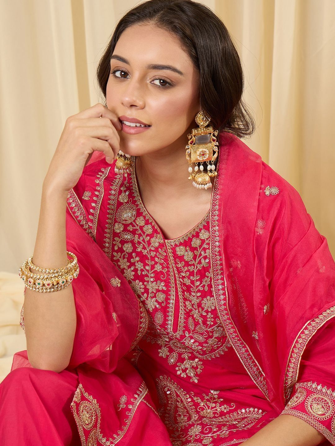 Women Ethnic Motifs Embroidered Regular Thread Work Kurta with Palazzos & With Dupatta