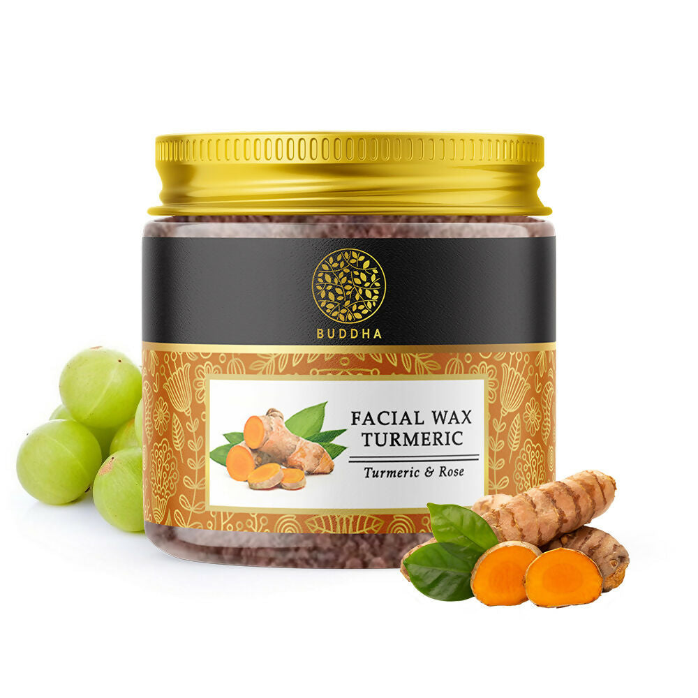 Buddha Natural Facial Wax Powder with Turmeric for hair removal, showing the powder in a bowl with turmeric roots and application tools.