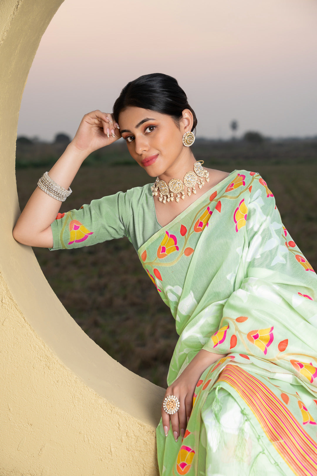 Dhiyona GR Women's Kaashi Green Cotton Jamdani Saree