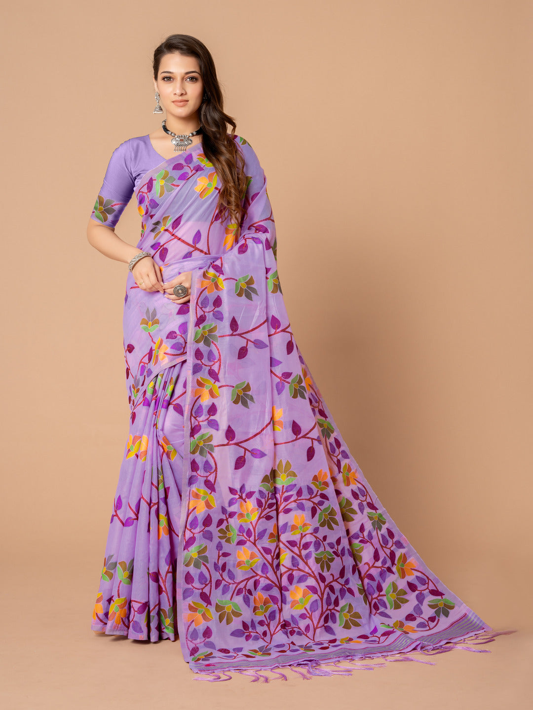 Dhiyona GR Women's Karvaah Iris Purple Cotton Jamdani Saree