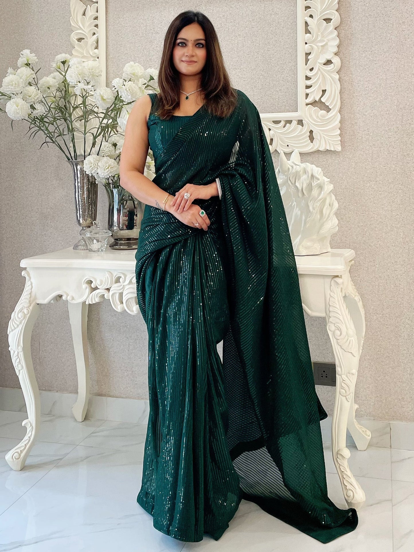 Women's Georgette Green Embellished Designer Saree With Blouse Piece