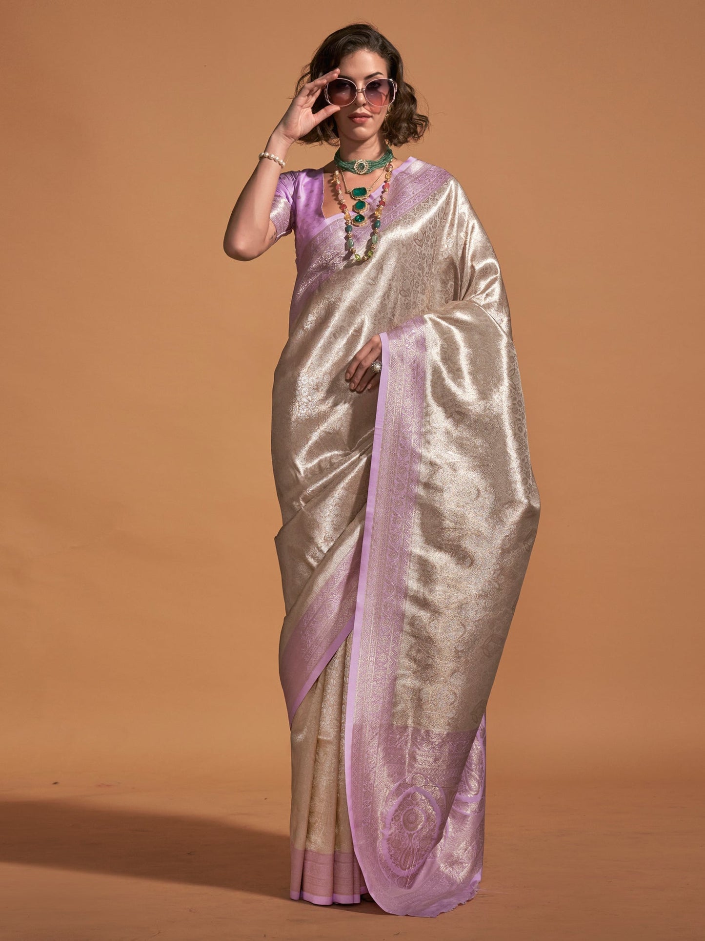 Women's Kanjeevaram Silk Cream Woven Design Designer Saree With Blouse Piece