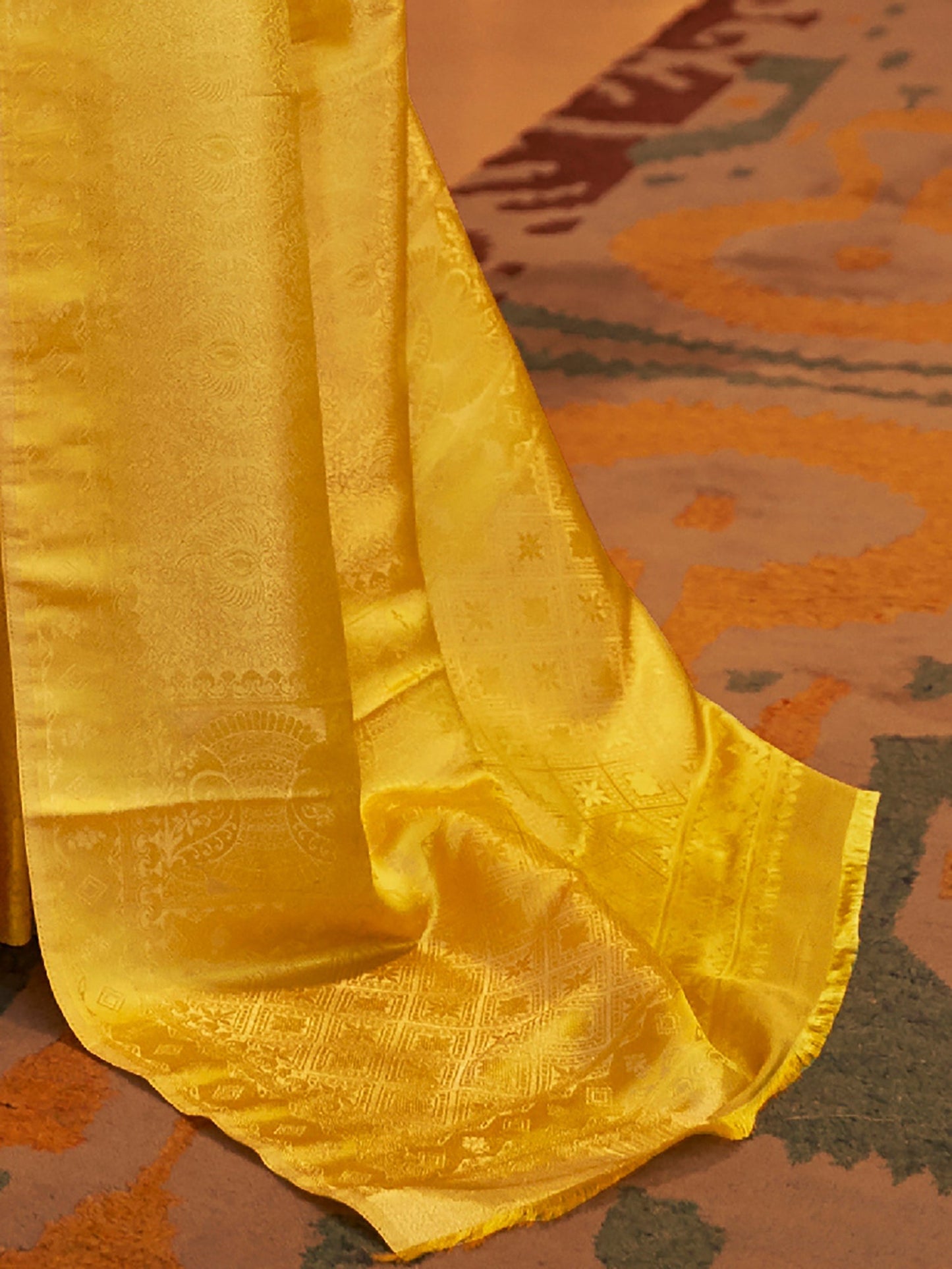 Women's Nylon Yellow Woven Design Designer Saree With Blouse Piece