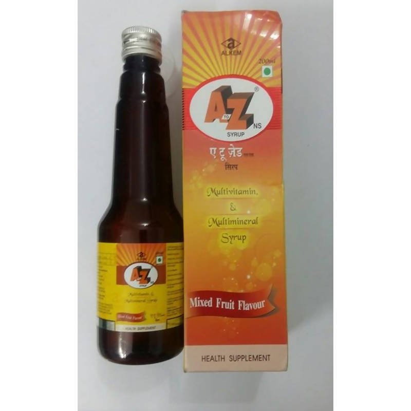Alkem A to Z NS Mango Flavor Ayurvedic syrup in a clear glass bottle with a yellow cap, designed for wellness and traditional health.