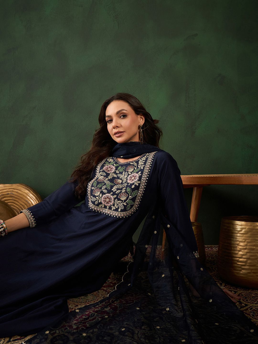 Indyancart SN Women's Navy Blue Floral Yoke Design Sequinned A-Line Kurta With Trouser & Dupatta