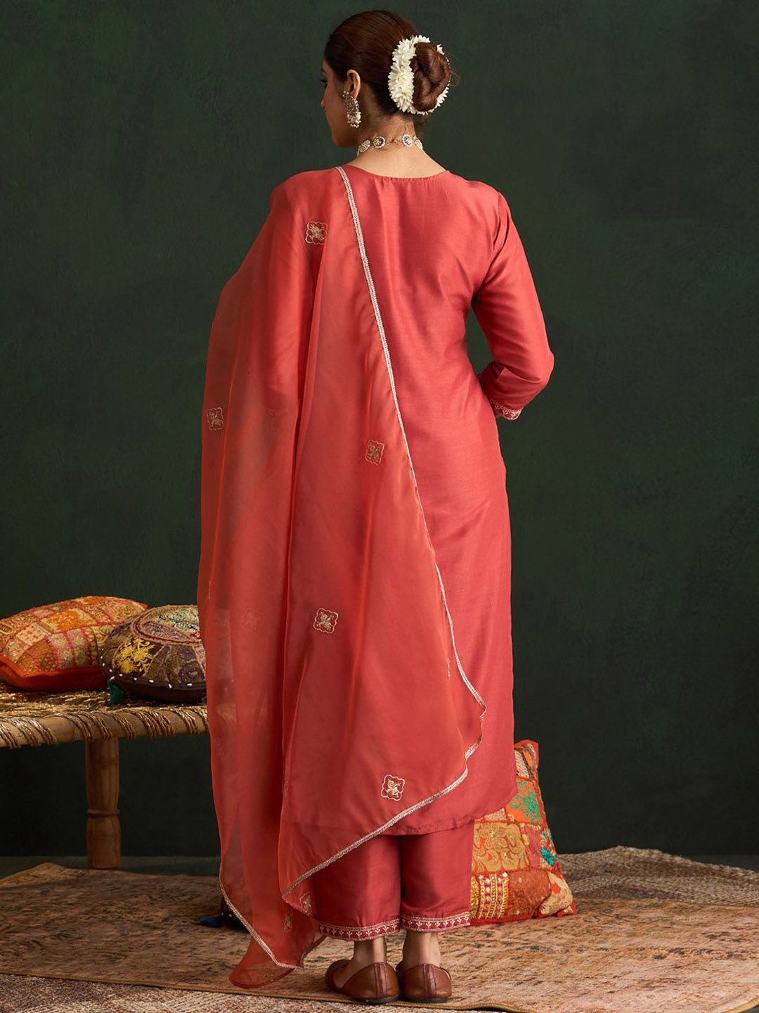 Indyancart IE Ethnic Motifs Embroidered Thread Work Straight Kurta With Trousers & Dupatta