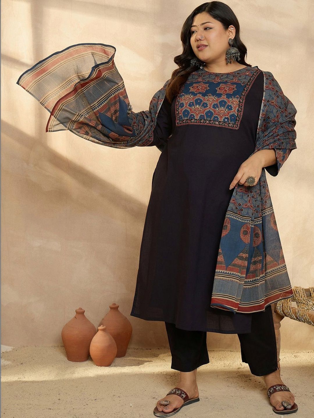 Indyancart Women's Ethnic Motifs Embroidered Regular Beads and Stones Kurta with Trousers & With Dupatta