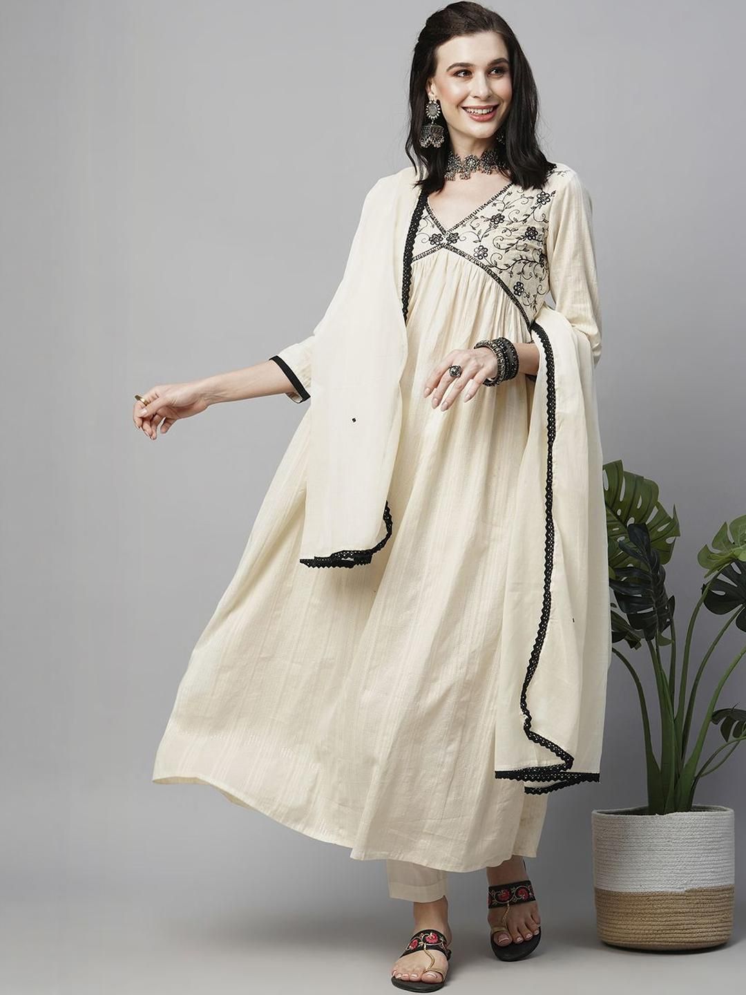 Indyancart SN Women's Woven Design Embroidered Cotton Kurta with Trousers & Dupatta