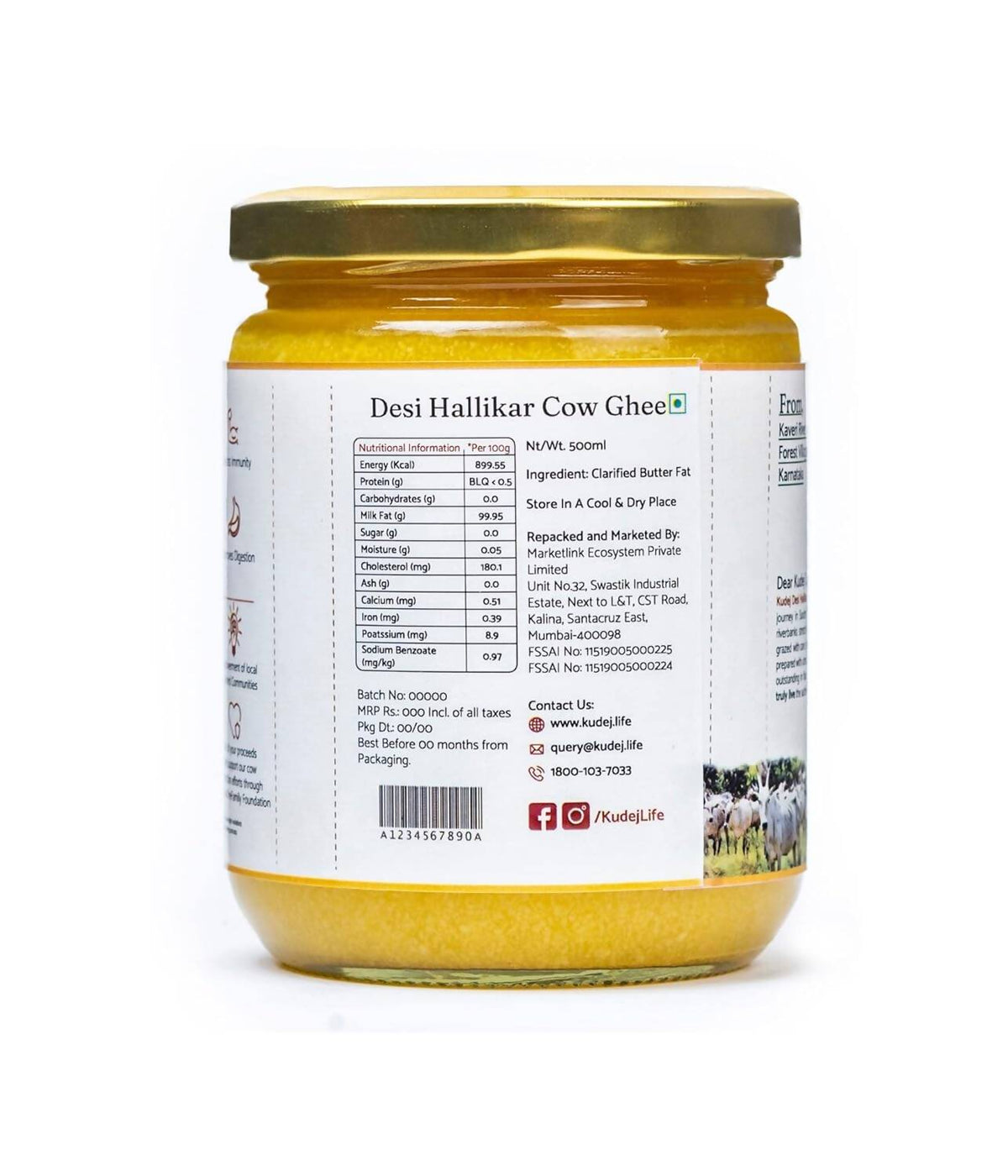 Kudej Desi Hallikar Cow A2 Ghee | Organic Desi Gir Cow Ghee | Made From Grass Fed Cow's Milk