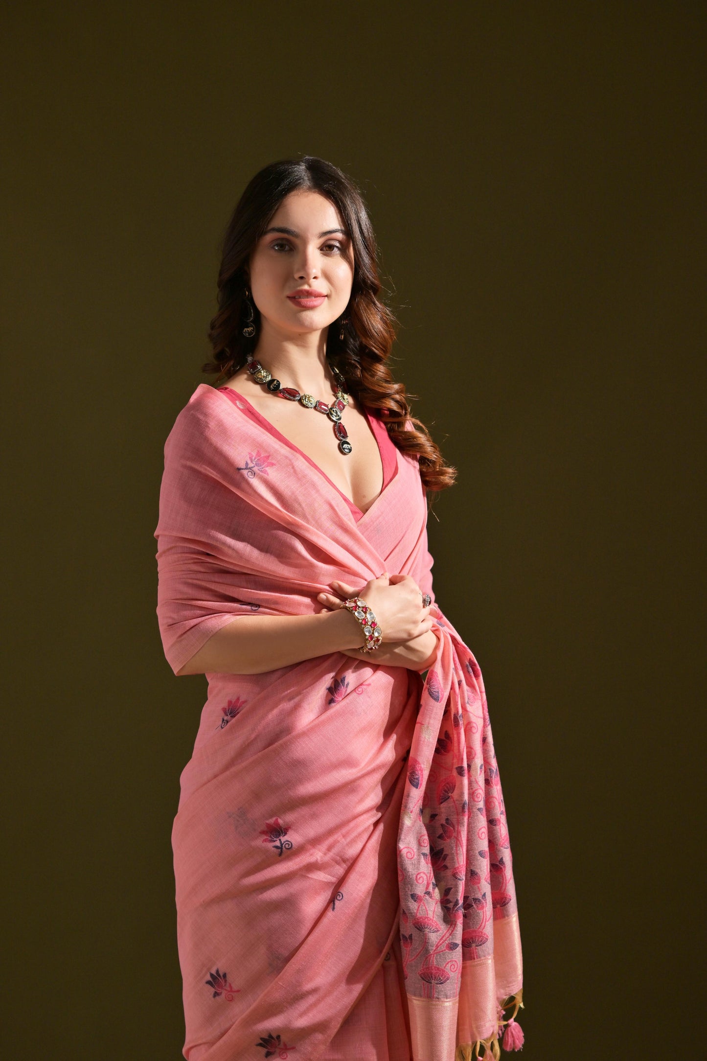 Dhiyona GR Women's Florance Pink Muga Cotton Jamdani Saree