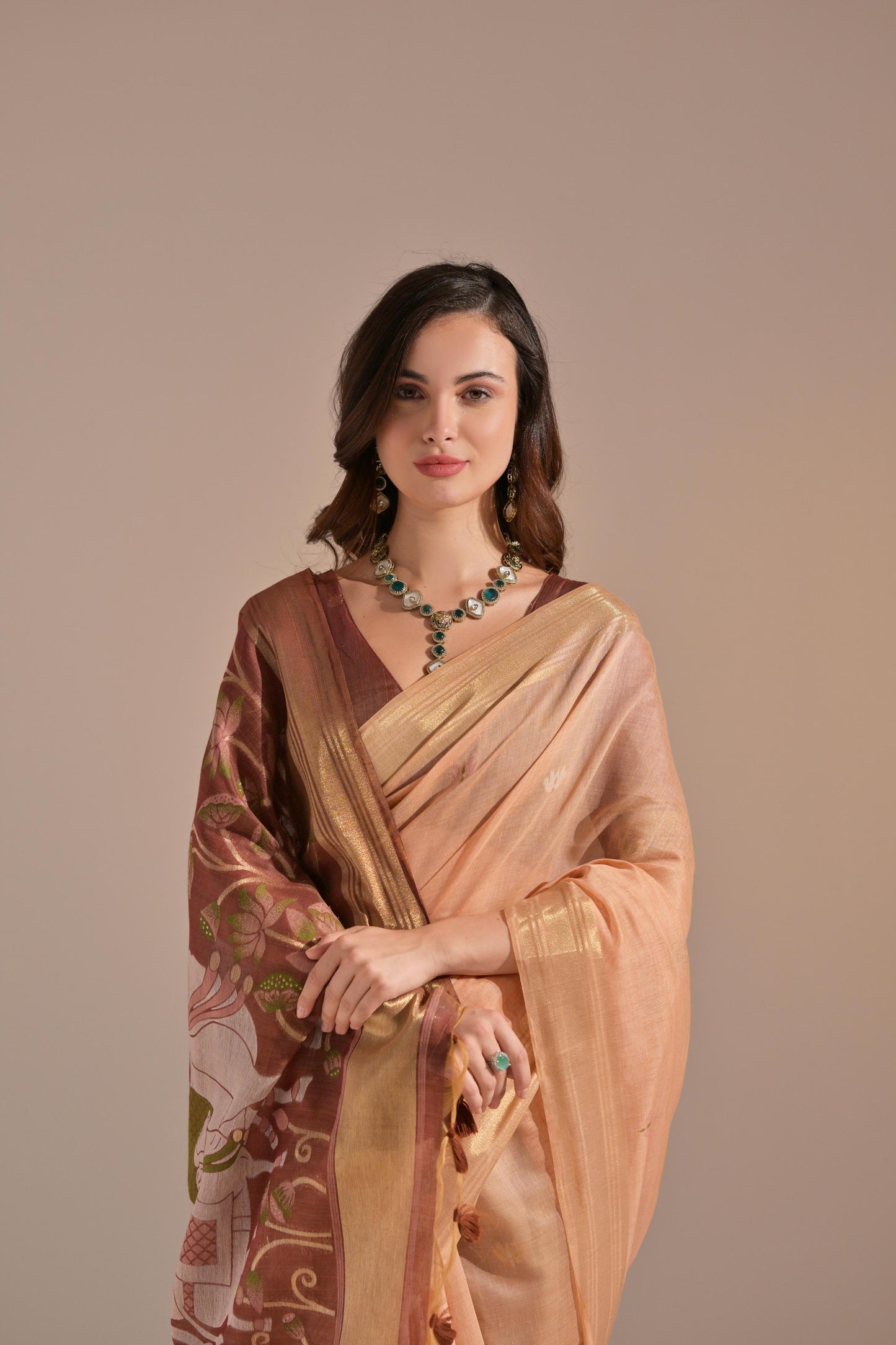 Dhiyona GR Women's Jissa Peach Orange Muga Cotton Pichwai Saree