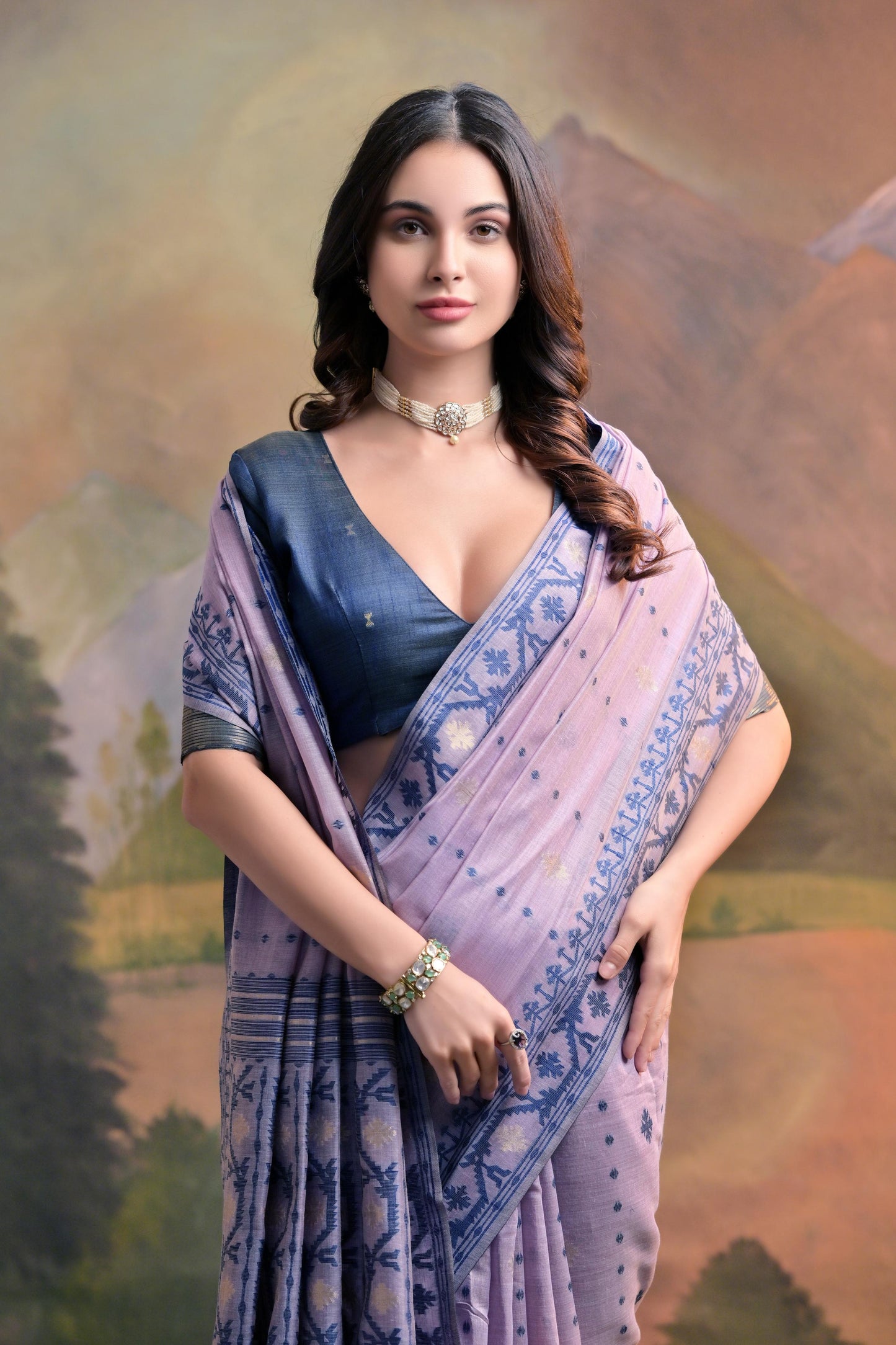Dhiyona GR Women's Nargis Lavender Muga Cotton Saree