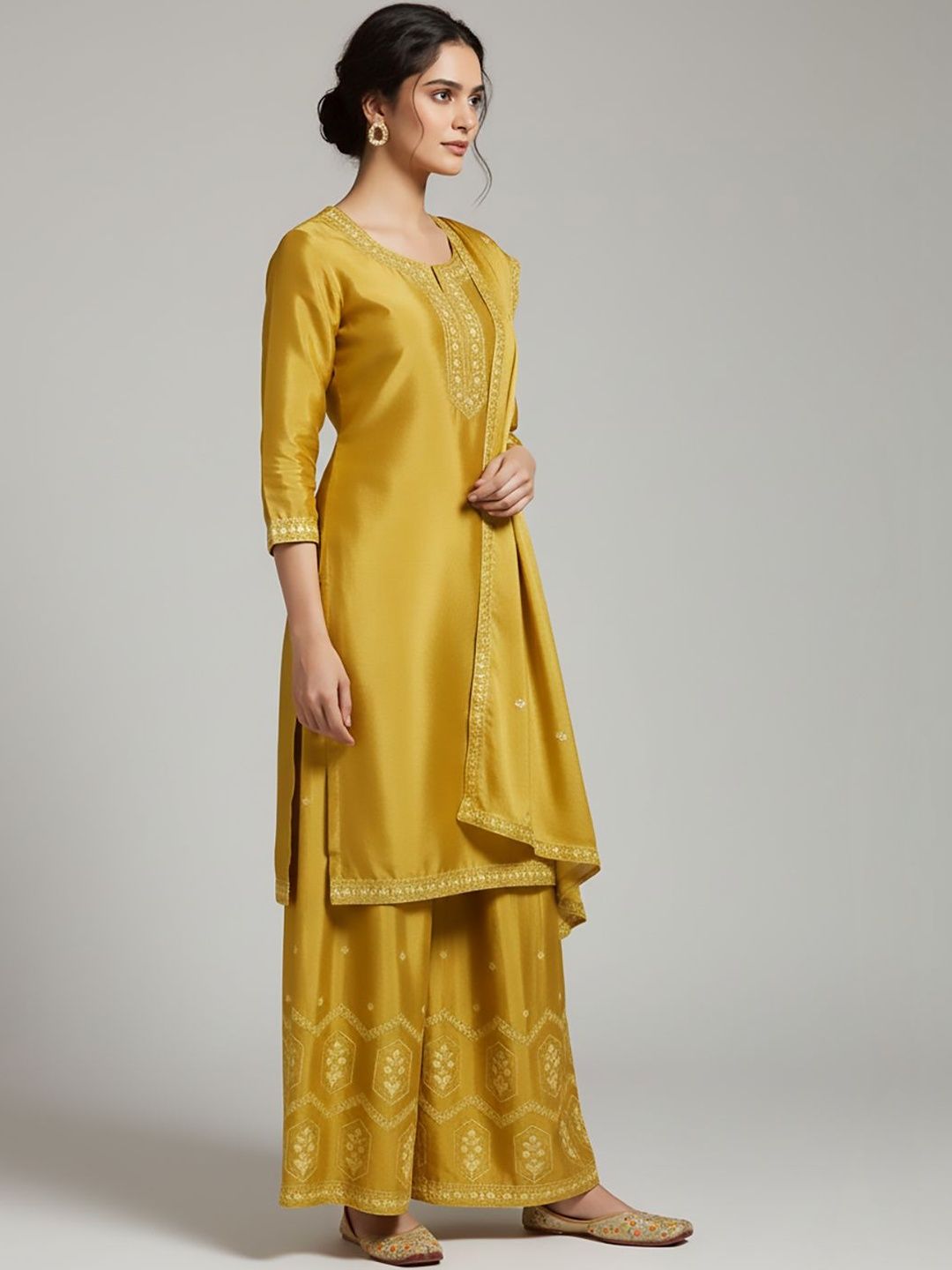 Indyancart VA Women Ethnic Motifs Embroidered Regular Thread Work Silk Crepe Kurta with Palazzos & With Dupatta
