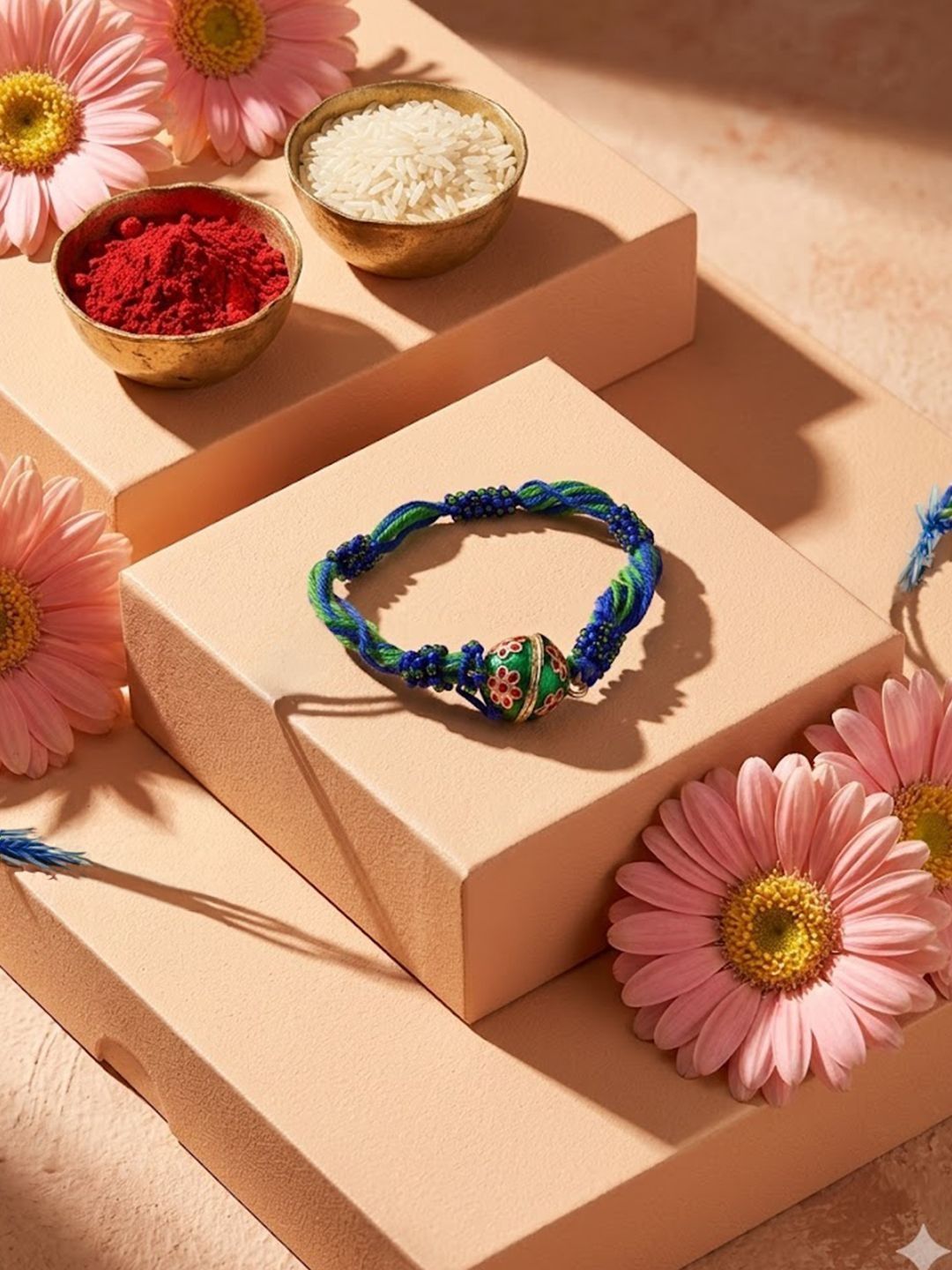 Anouk Magnetic Opening Blue Meenakari Work Thread Rakhi With Roli Chawal Chandan Mishri