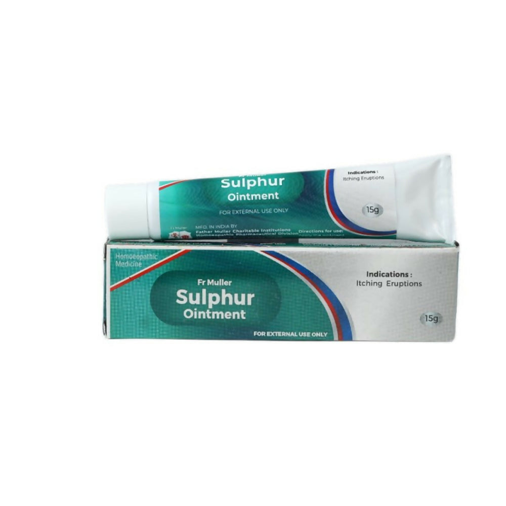 Father Muller Sulphur Ointment tube from the homeopathy ointments line, featuring a white and green packaging with product details.