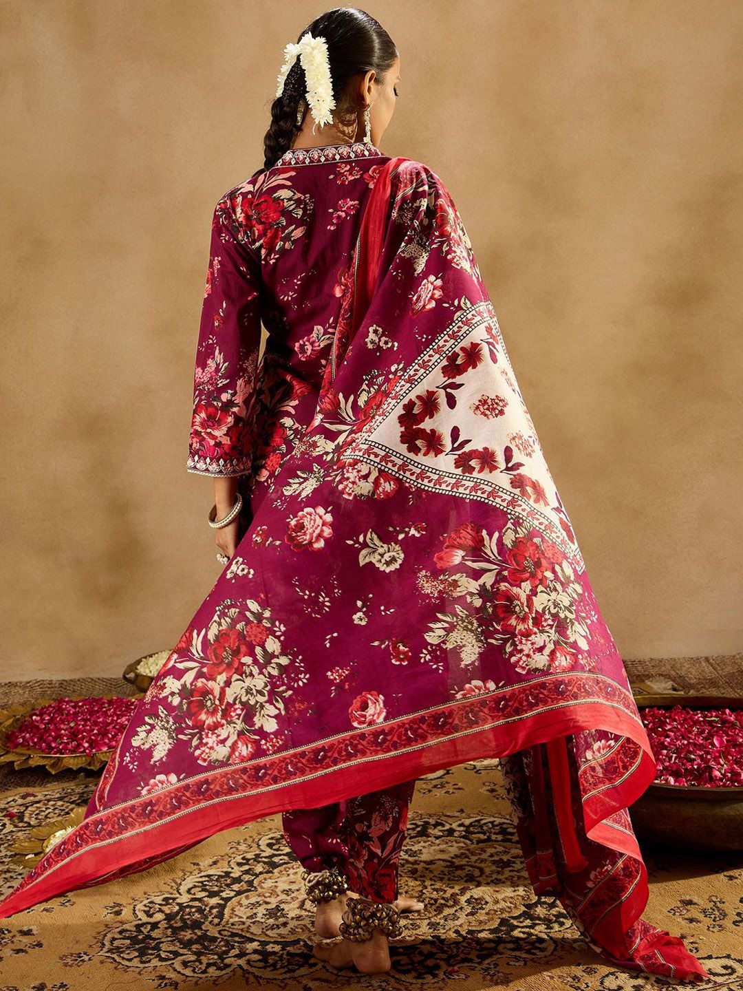 Indyancart IE Floral Printed Angrakha Mirror Work Pure Cotton Kurta With Trousers & Dupatta
