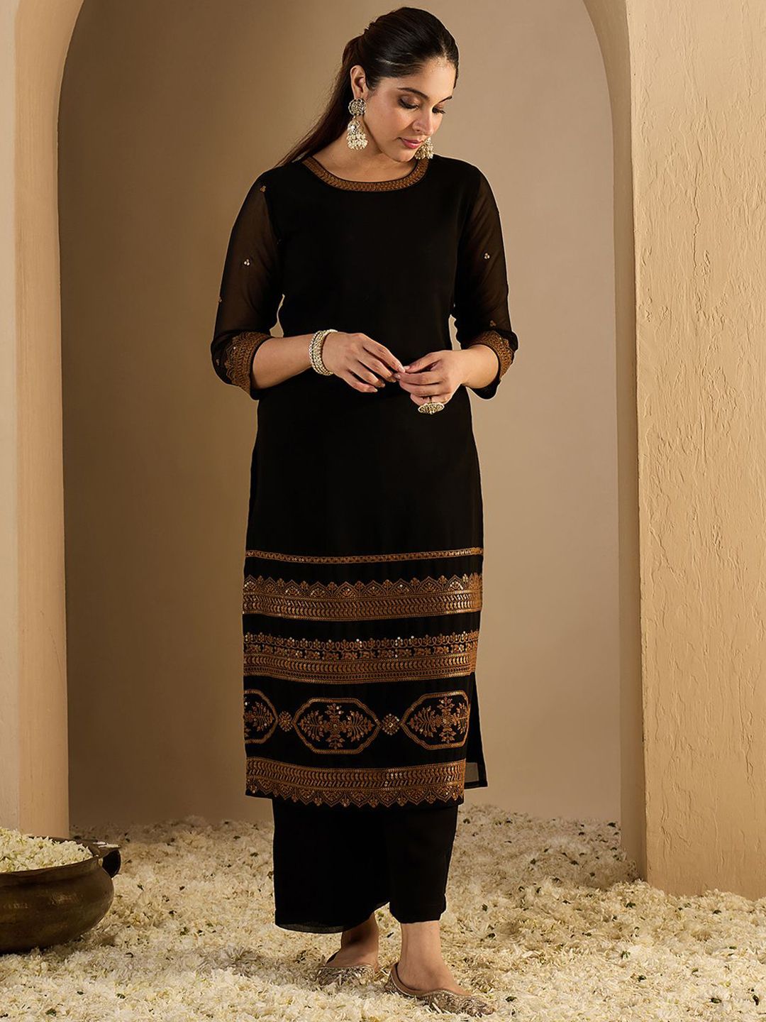 Indyancart IE Women's Women Ethnic Motifs Printed Kurta with Palazzos & Dupatta