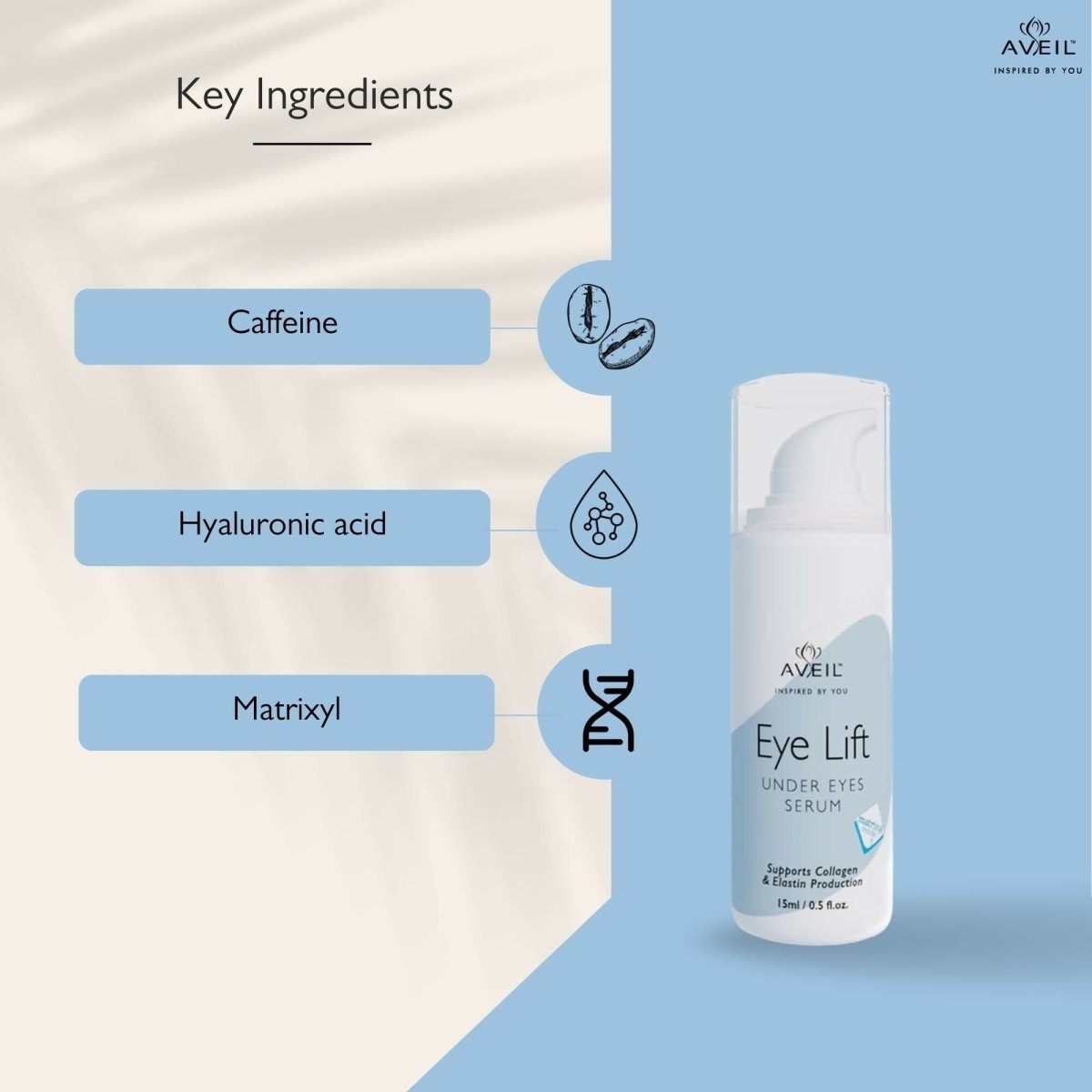 Aveil Eye Lift Under Eyes Serum showing a sleek glass bottle with dropper, designed to smooth fine lines and wrinkles around the eyes.