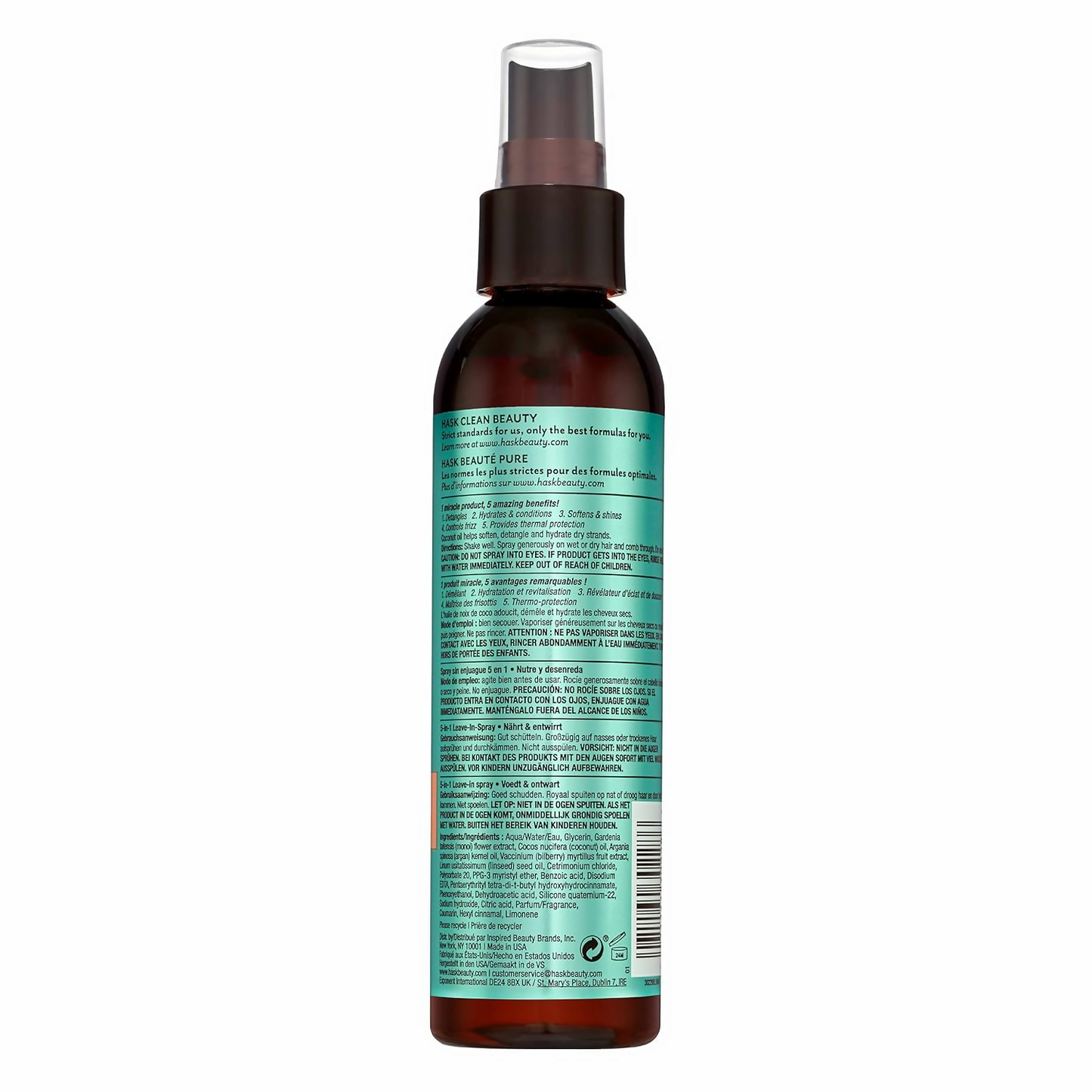 HASK Monoi Coconut Oil Leave-In Hair Spray bottle with spray nozzle, designed for nourishing and styling hair.
