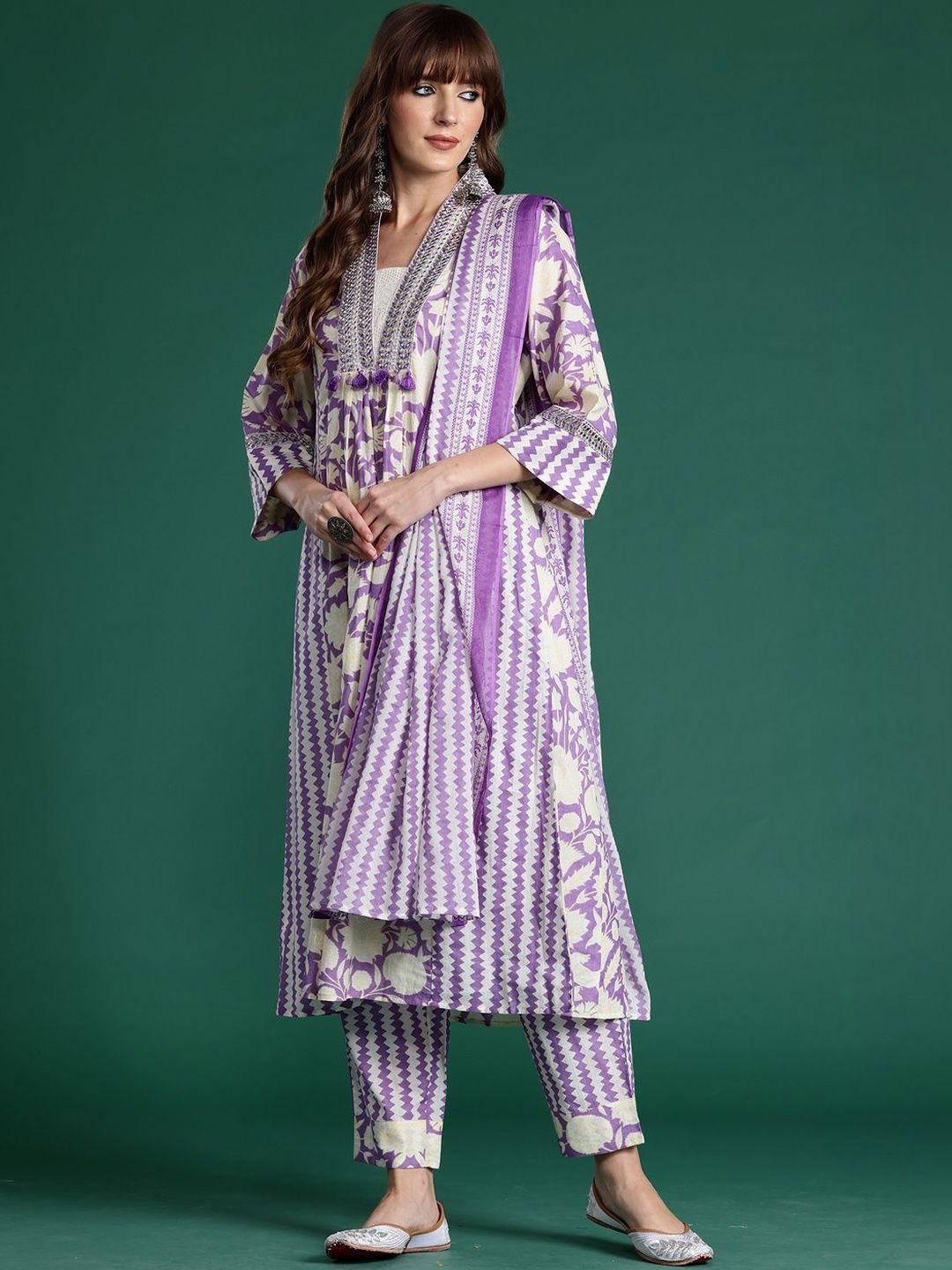 Women Ethnic Motifs Printed Empire Mirror Work Pure Cotton Kurta with Trousers & With Dupatta