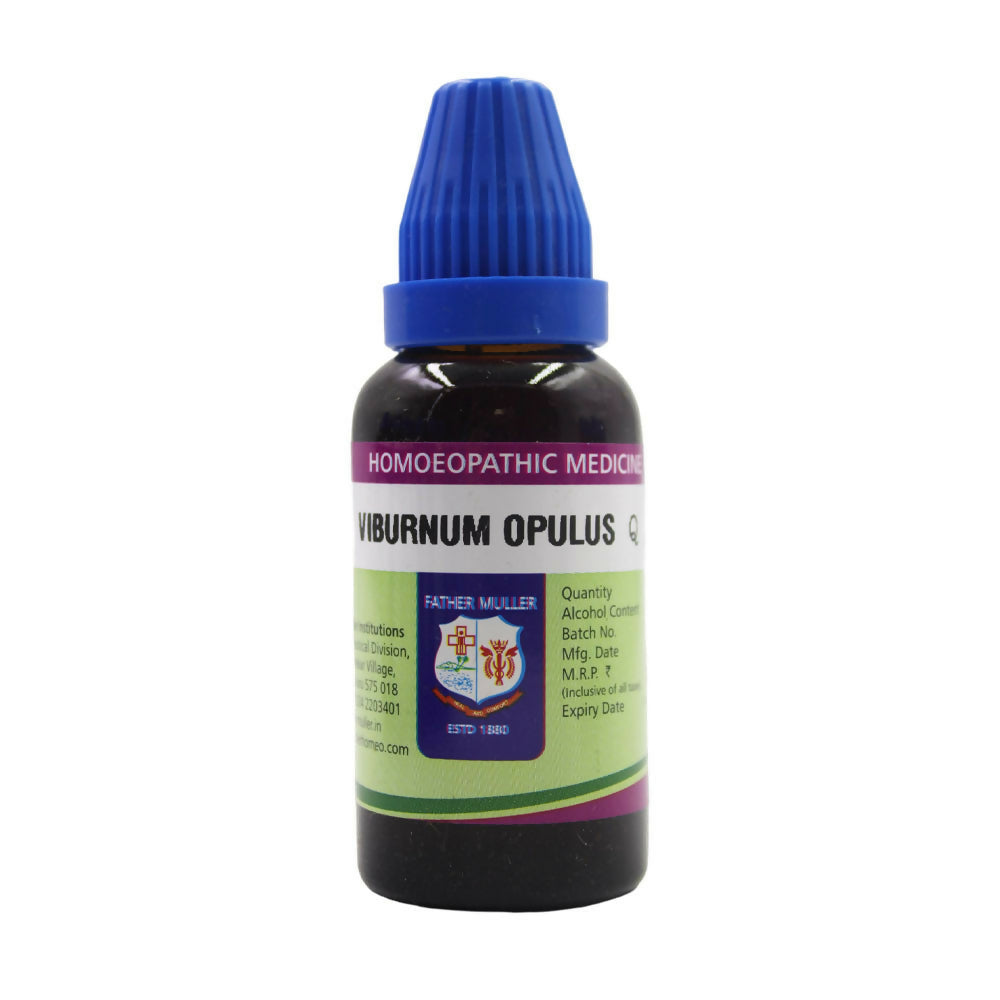 Father Muller Viburnum Opulus Mother Tincture Q bottle, clear glass container with label, used for herbal medicinal purposes.