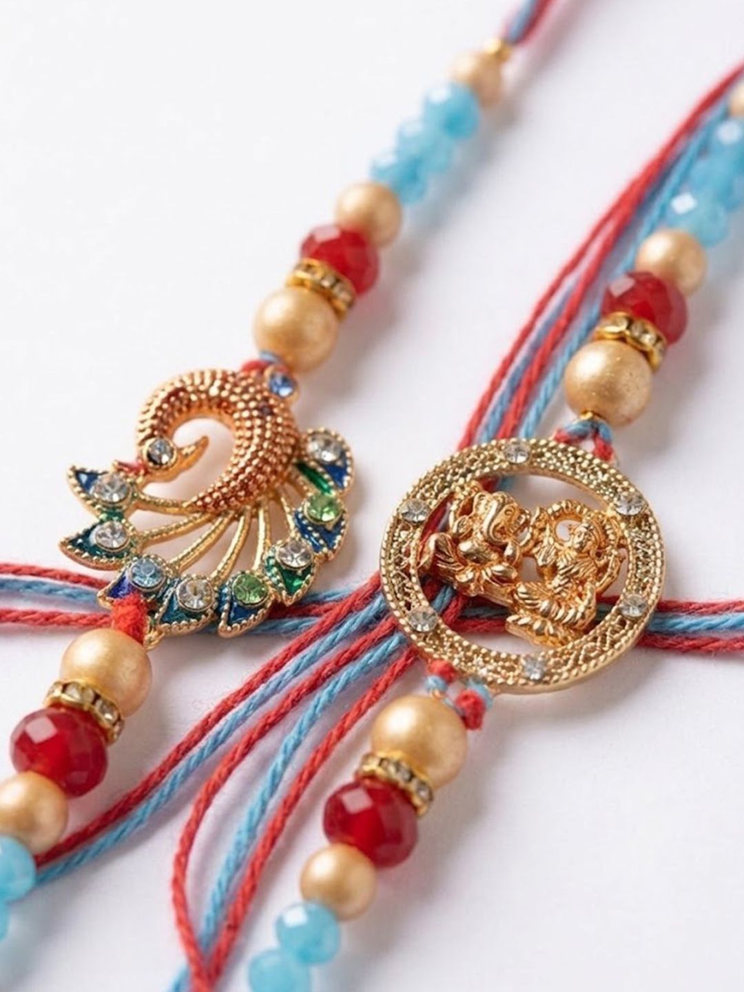 Indyancart Set Of 2 Multicolor Artificial Beads Thread Rakhi With Roli Chawal Chandan Mishri