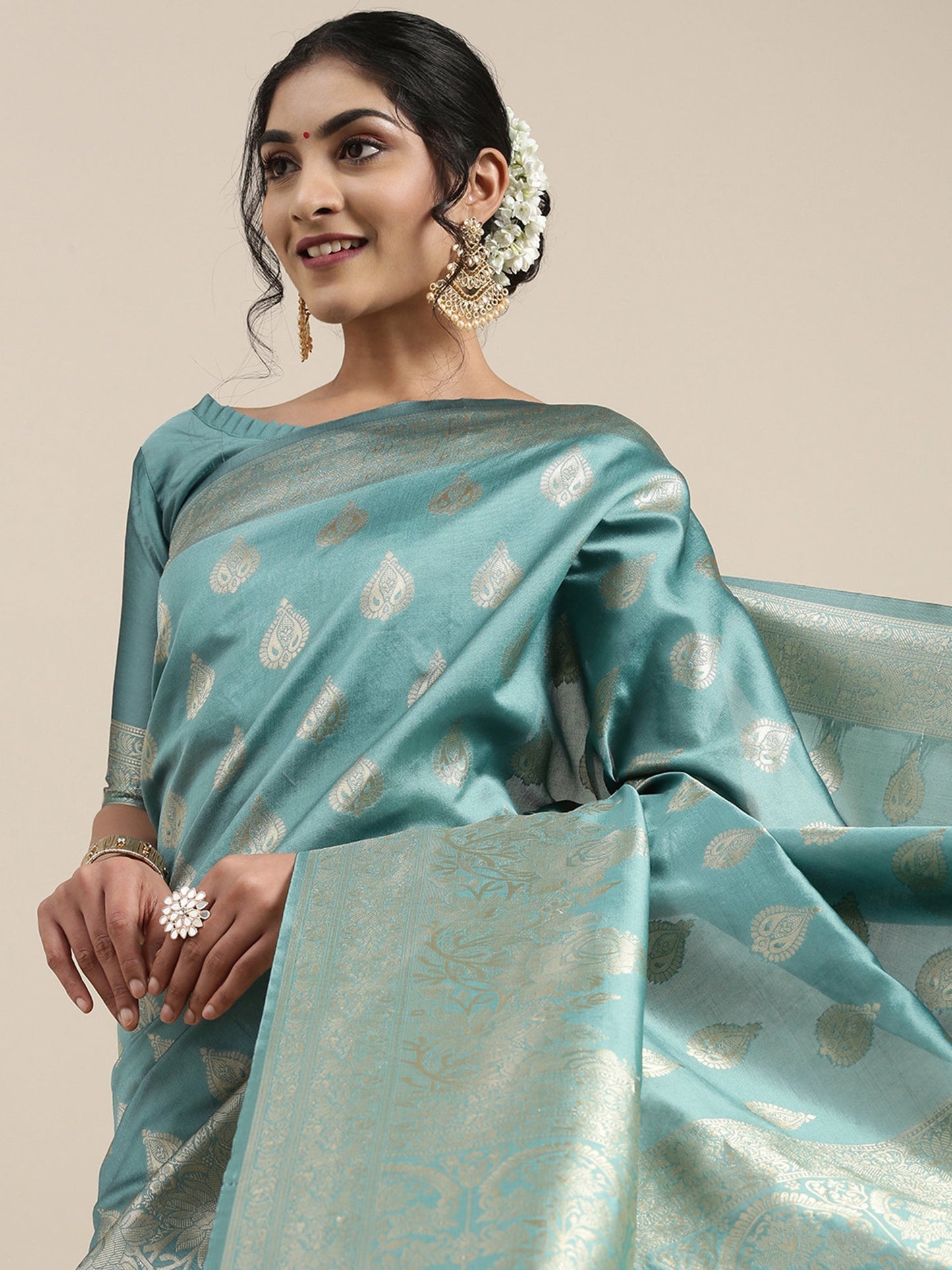 Women's Silk Blend Teal blue Woven Design Woven saree With Blouse Piece