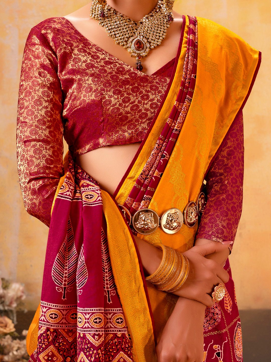 Women's Cotton Blend Maroon Woven Design Designer Saree With Blouse Piece