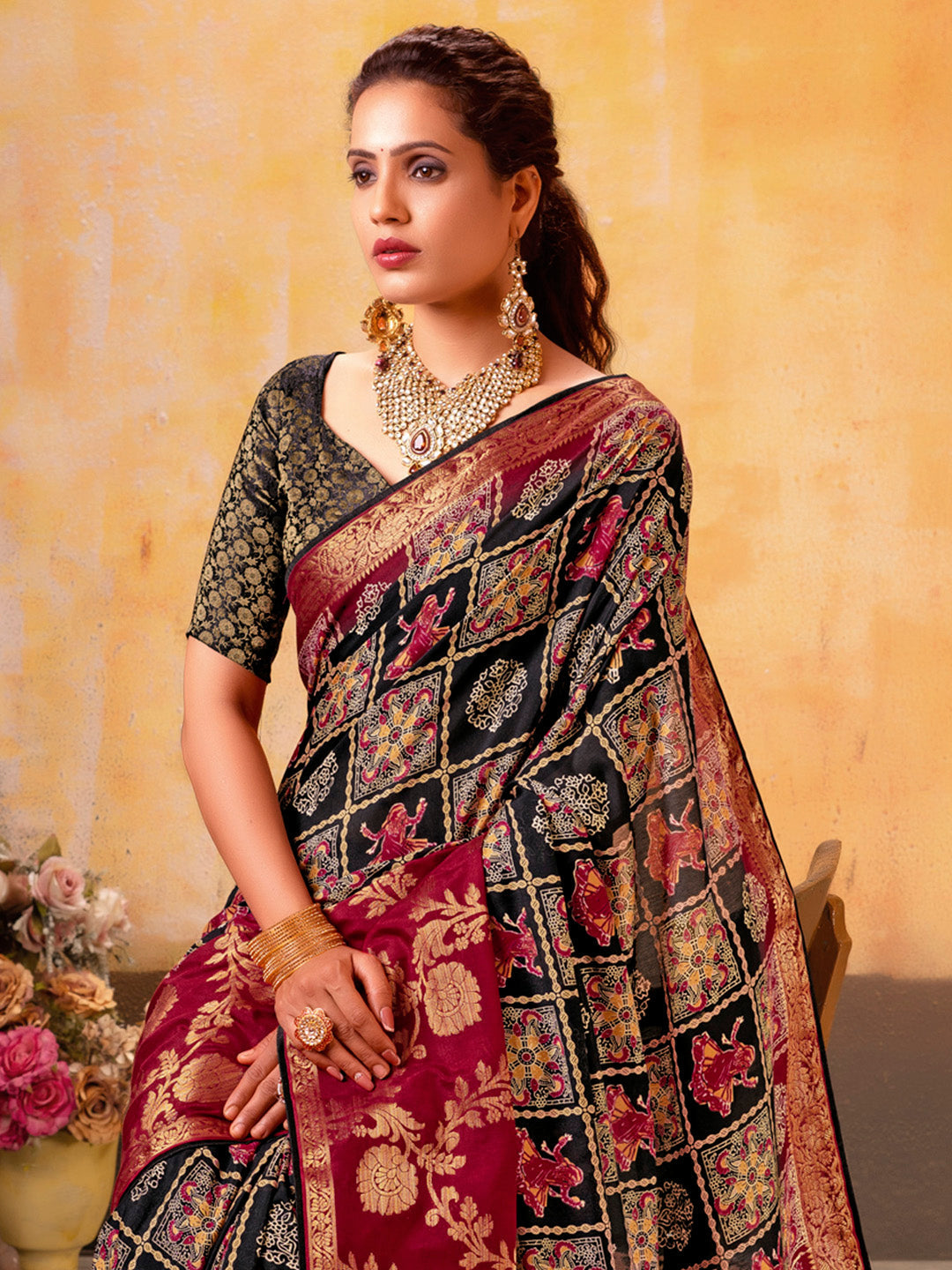 Women's Cotton Blend Black Woven Design Designer Saree With Blouse Piece