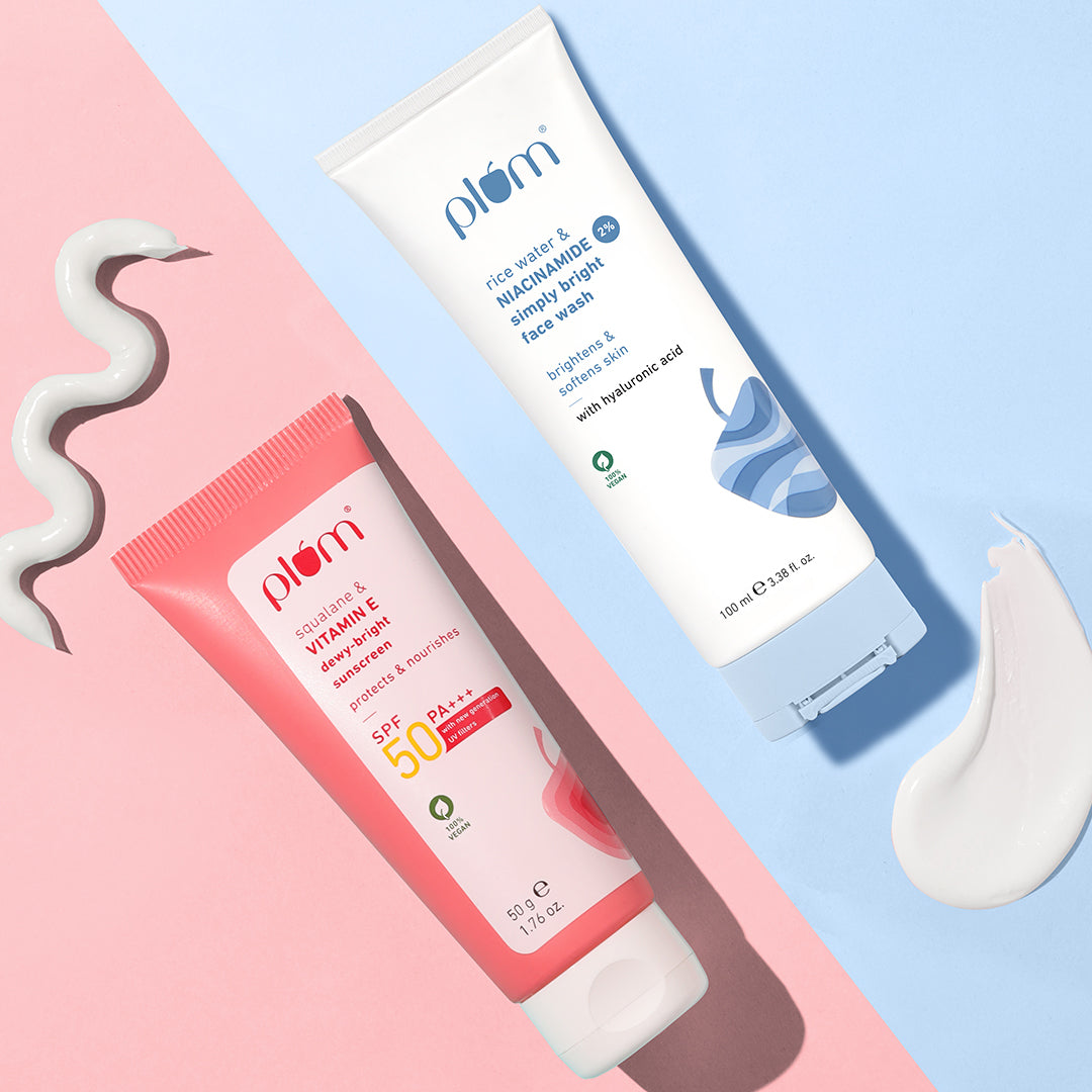 Plum Goodness Cleanse & Protect Duo For Dry Skin - Rice water & 2% Niacinamide Face Wash 100ml - Squalane & Vitamin E SPF 50 PA+++ Sunscreen 50g