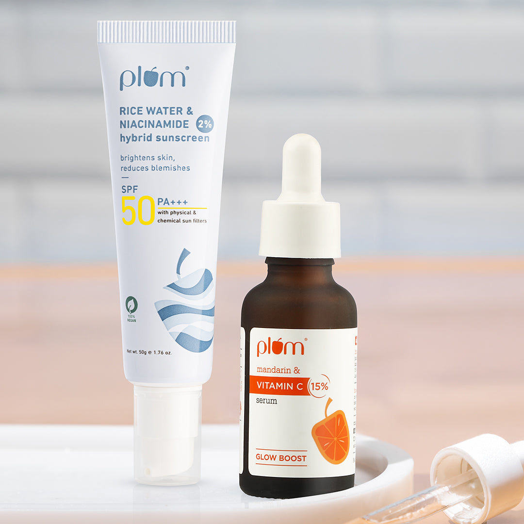 Plum Goodness Glow & Protect Duo - 15% Vitamin C Serum 30ml - Rice Water & Niacinamide Sunscreen 50g