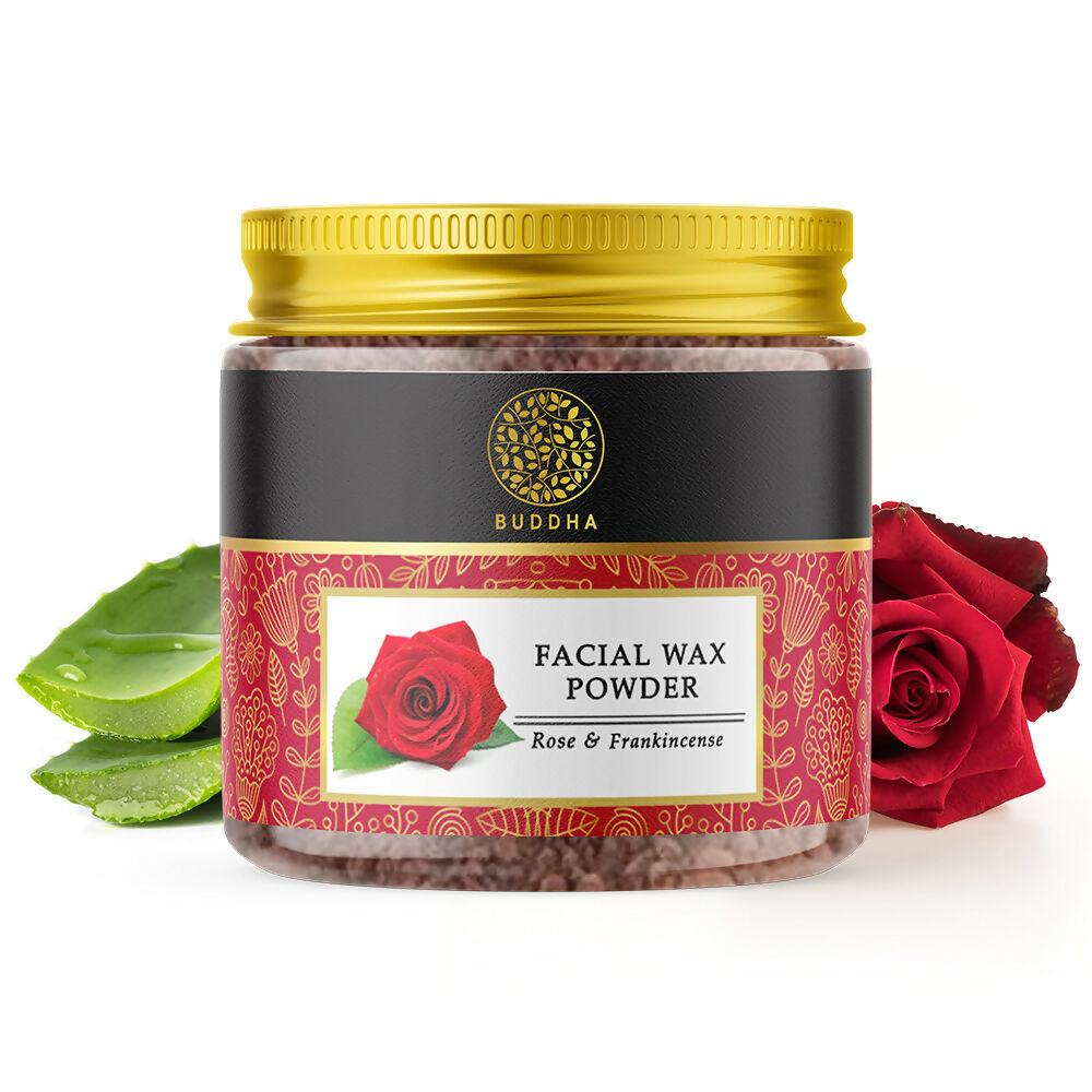 Buddha Natural facial hair removal wax powder in a container, used for natural hair removal on the face.