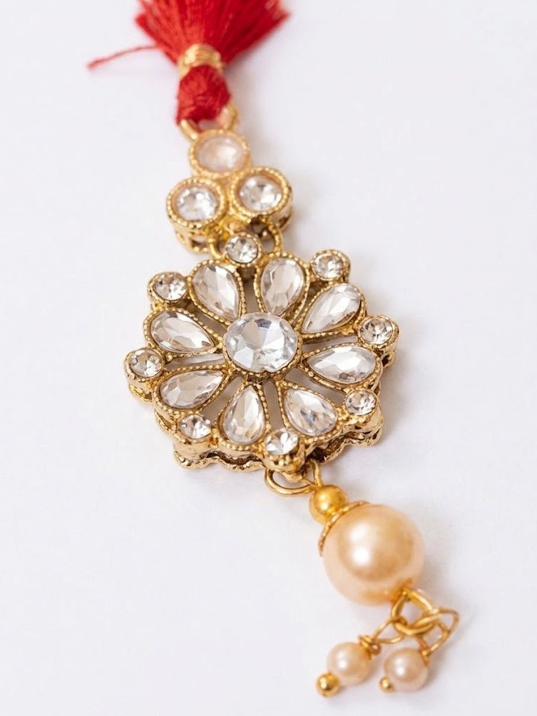 Indyancart Set Of 2 Red Kundan Studded Floral Design Bhaiya Bhabhi Rakhi With Roli Chawal